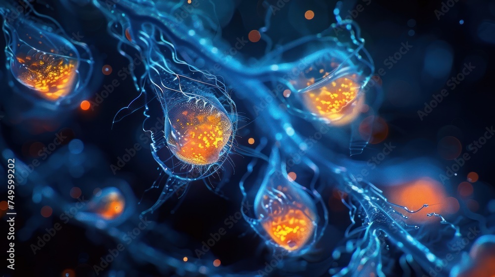 Poster this close-up shows the intricate structures within a plant cell under the gentle illumination of a 