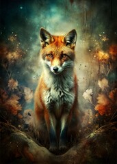 Red Fox in Misty Light Forest Illustration