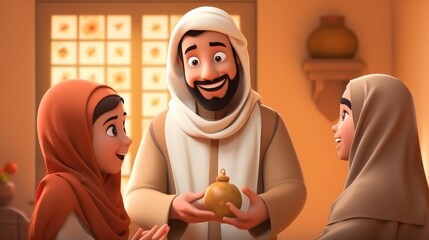 Man Holding Bell With Two Women