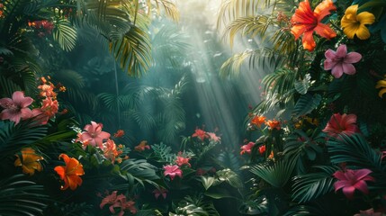 Lush jungle scene featuring vibrant tropical flowers cascading over lush foliage.