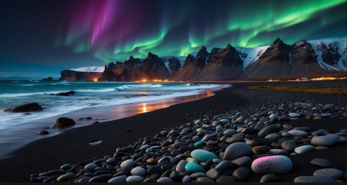 Craft an ultra-realistic image of an Icelandic beach under the Northern Lights, capturing the surreal blend of black sand and vibrant hues dancing across the night sky. -AI Generative
