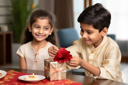Boy and Girl Sitting at Table With Gift