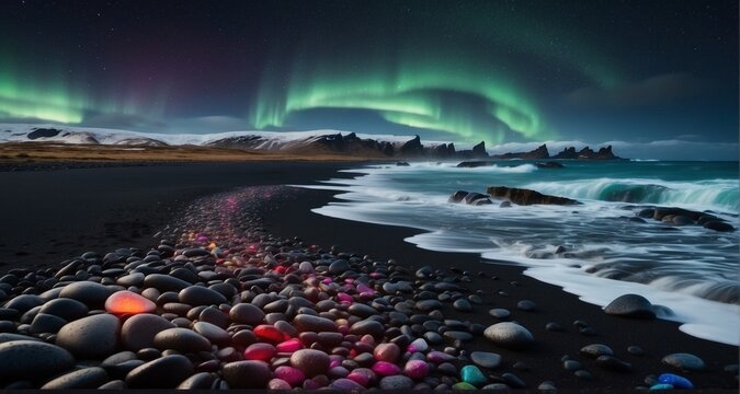 Craft an ultra-realistic image of an Icelandic beach under the Northern Lights, capturing the surreal blend of black sand and vibrant hues dancing across the night sky. -AI Generative