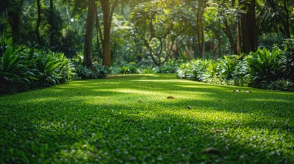 Naklejka premium Lush green foliage surrounds serene field with trees in the background.
