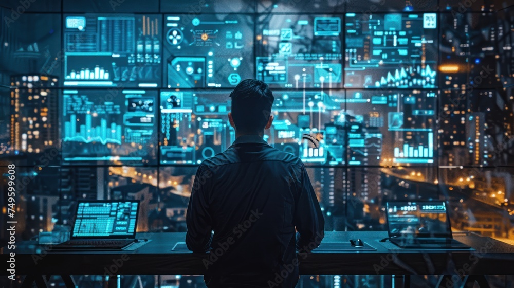 Poster a cybersecurity analyst standing in front of a computer monitor, monitoring data and security alerts