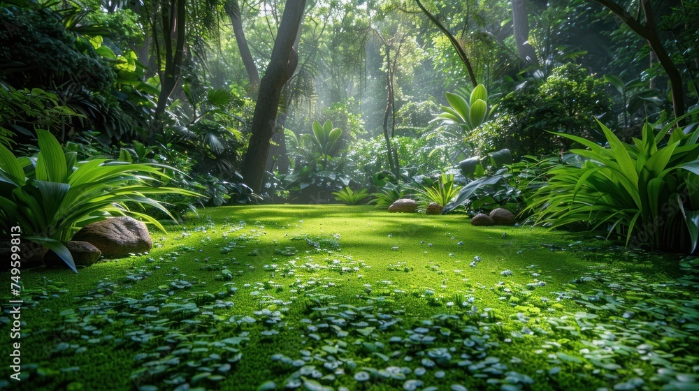 Poster a dense forest with lush greenery and numerous trees creating a vibrant natural environment.