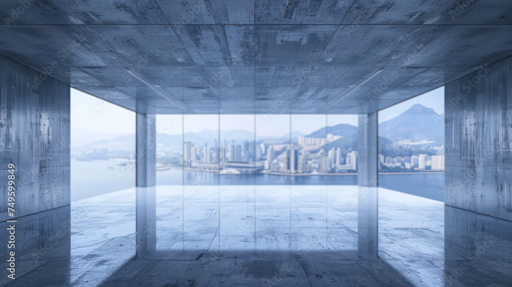 Poster an elegant and minimalistic office space with a large window offering a view of the city skyline in 