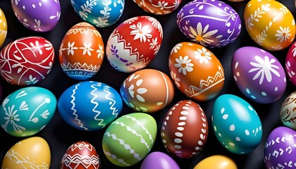 Fototapeta na wymiar Colorful painted easter eggs, chocolate eggs, close-up