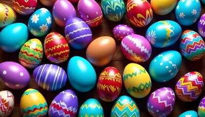 Fototapeta na wymiar Colorful painted easter eggs, chocolate eggs, close-up