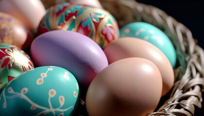 Colorful painted easter eggs, chocolate eggs, close-up