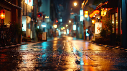 Blurry empty wet street in Chinatown - obrazy, fototapety, plakaty