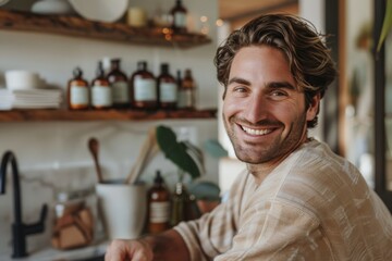 A man sits in a kitchen, smiling happily as he relaxes in a cozy environment. Concept of Soft Masculinity.