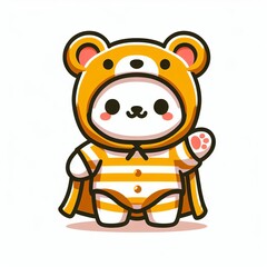 Ilustra&ccedil;&atilde;o estilo logo de um urso vestindo um pijama amarelo com capa e toca de urso em um fundo de cor s&oacute;lida.