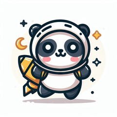 Ilustração estilo logo de um urso panda astronauta um fundo de cor sólida.