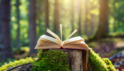 Open book on stump in the forest. Natural autumn background.