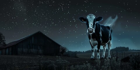 cow at night in the pasture Generative AI - obrazy, fototapety, plakaty