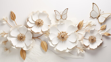 Branch of white flowers and butterflies with gilding on light paper art background.
