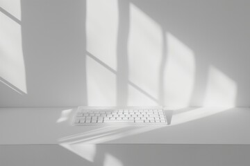  A mechanical keyboard with backlit keys, casting a soft glow against a pristine white backdrop.
