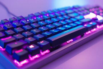 A mechanical keyboard with backlit keys, casting a soft glow against a pristine white backdrop.
