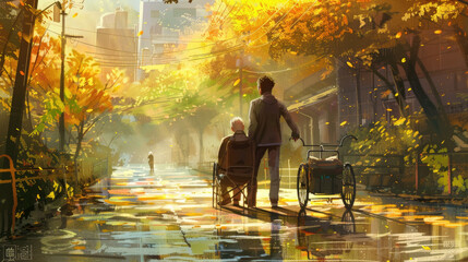 A person is seen from behind pushing an elder in a wheelchair down a tree-lined street bathed in the warm glow of the setting sun