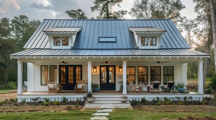 Fototapeta premium Small White House With Metal Roof