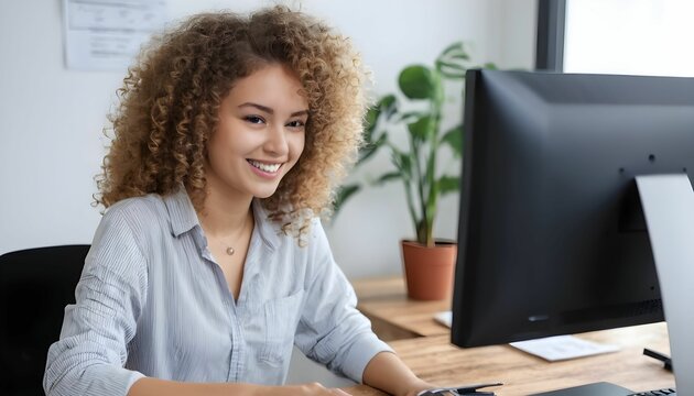 Smiling young woman with curly hair working in the office at the computer created with generative ai	
