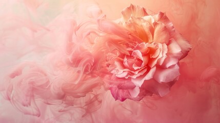 A large pink flower stands out in the center of swirling smoke, creating a striking contrast. Creative abstract spring nature. Summer bloom concept