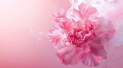 A carnation pink flower with white petals stands out against a soft pink background. Creative abstract spring nature. Summer bloom concept