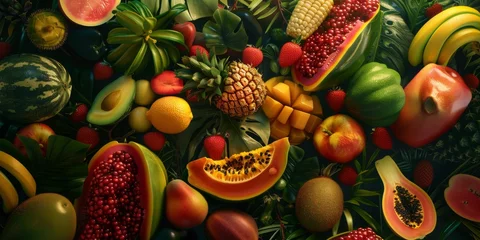 Foto op Plexiglas fruits and citruses Assorted top view texture Generative AI © Evghenii
