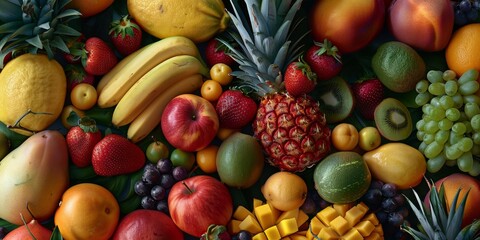 Naklejka na ściany i meble fruits and citruses Assorted top view texture Generative AI