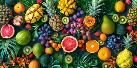 fruits and citruses Assorted top view texture Generative AI - obrazy, fototapety, plakaty