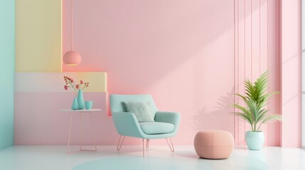 A room featuring a vibrant pink wall with a contrasting soft blue chair