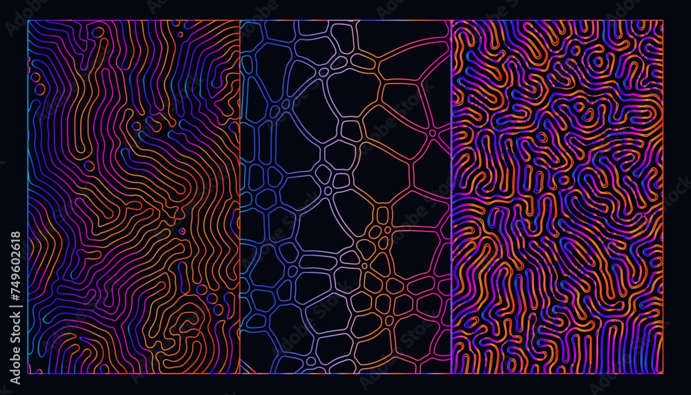 Leinwandbilder Set of holographic patterns with warped psychedelic pattern of colorful neon lines.