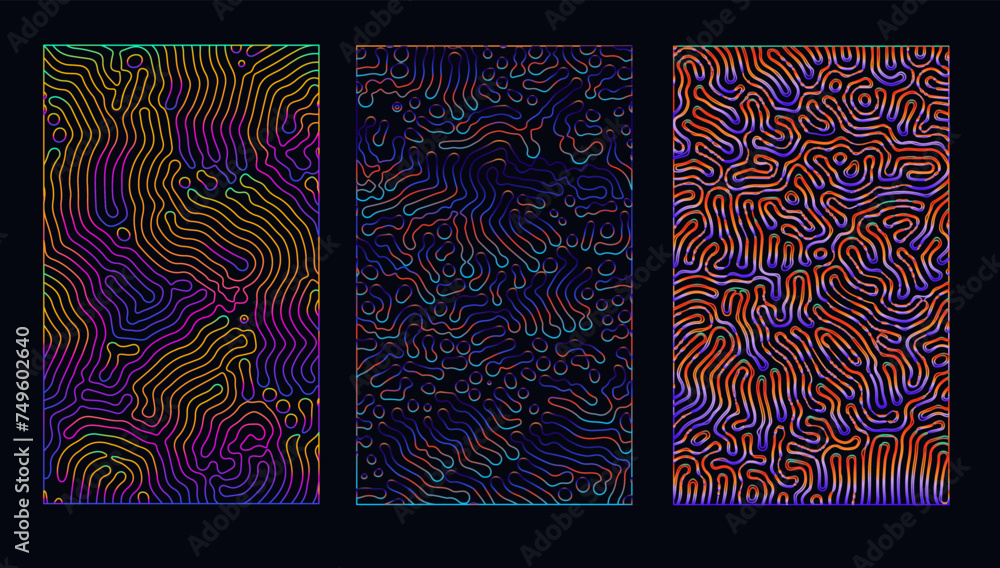 Poster Set of holographic patterns with warped psychedelic pattern of colorful neon lines.