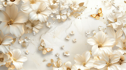 Elegant White Flowers and Butterflies with gilding on Marble abstract light Background.