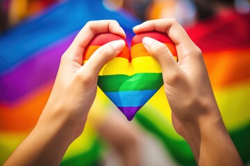 Hands holding heart with LGBT flag in front of crowd at pride parade. LGBT community concept. LGBT Concept with Copy Space. Pride Month Concept.