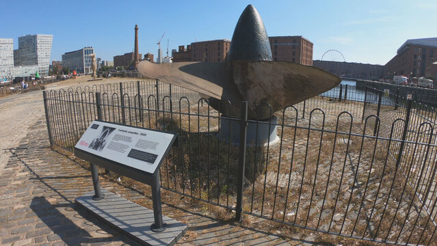 Liverpool, England, United Kingdom, September 9, 2023: RMS Lusitania Propeller. Port side propeller (4 bladed) and cone from the wreck of RMS Lusitania.