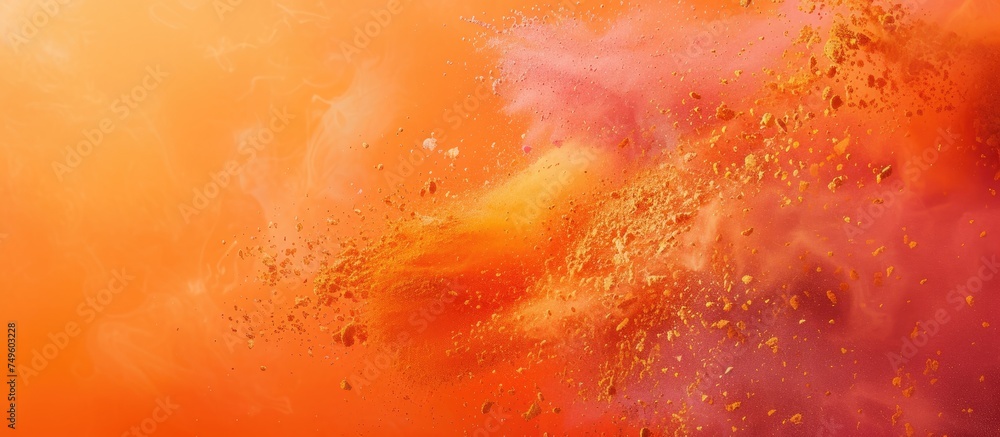 Aufkleber an orange and pink substance is seen flying through the air, creating a dynamic and colorful motion.