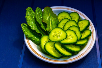 Garden cucumber and sorrel salad on a plate in Germany.