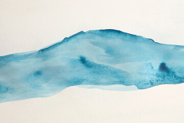 Ink watercolor hand drawn pour flow stain blot. Wave landscape on wet paper texture background.