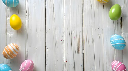 Easter background with colored Easter eggs on white wood