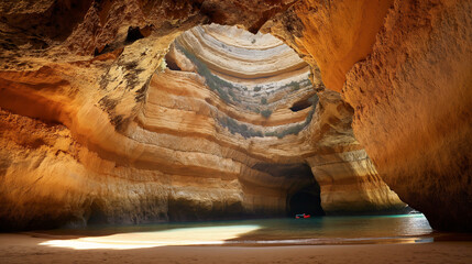 Benagil Sea Cave in Algarve, A breathtaking view inside the Benagil Sea Cave with sunlight...
