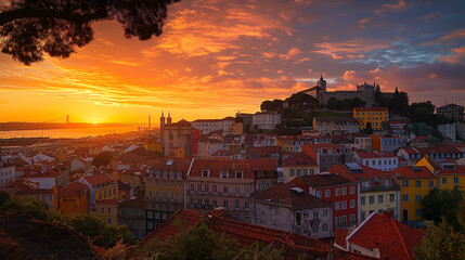 Sunrise over Historic Lisbon, The warm sunrise casting a golden light over the traditional...