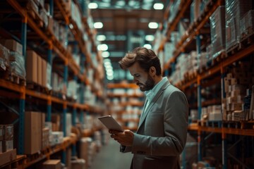 Businessman Analyzing Data on Tablet in Warehouse