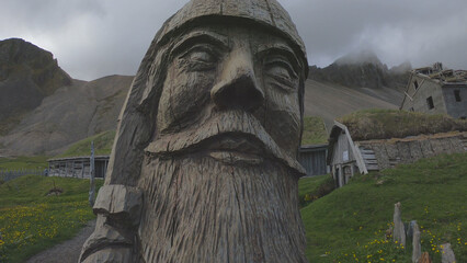 Stokksnes, Iceland, June 28, 2023: The Viking Village film set is located on a local farmer’s...