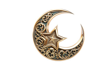 Ornate Crescent Moon and Star Isolated on Transparent Background PNG.