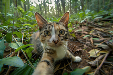 Naklejka na ściany i meble selfie of cat in forest