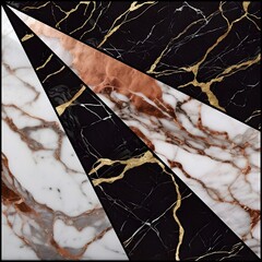 Black and white marble mosaic wall tile sample, black marble has gold veins, white marble copper veins. pattern: radial stripes from upper left