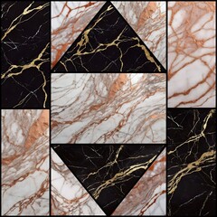 Black and white marble mosaic wall tile sample, black marble has gold veins, white marble copper veins. pattern: central arrows
