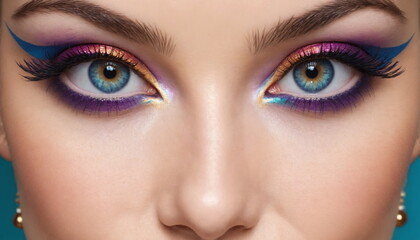 Obraz premium A close-up of a woman's eyes showing bright, colorful makeup with shades of purple and blue. A piercing look.